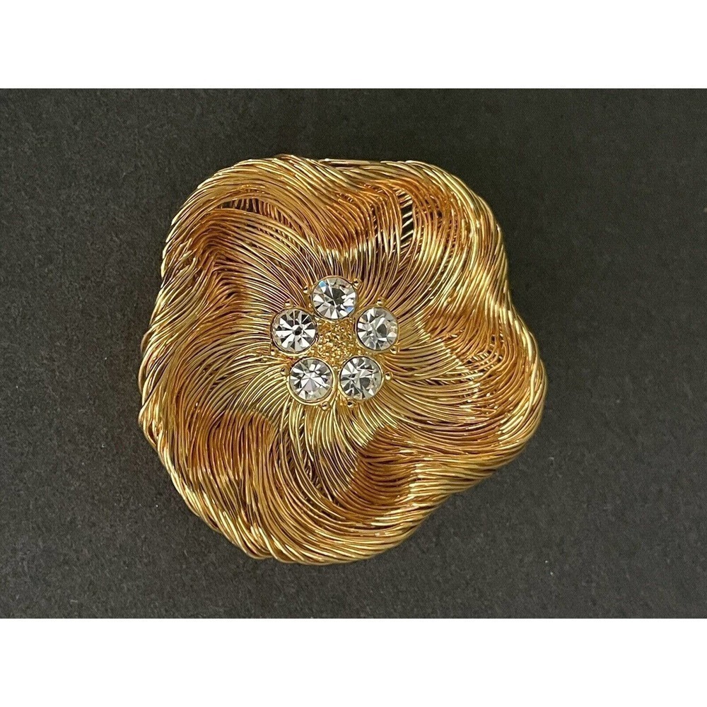 Monet Vintage Wrapped Wire Gold Tone Flower Brooch Floral Pin 2”Rhinestones